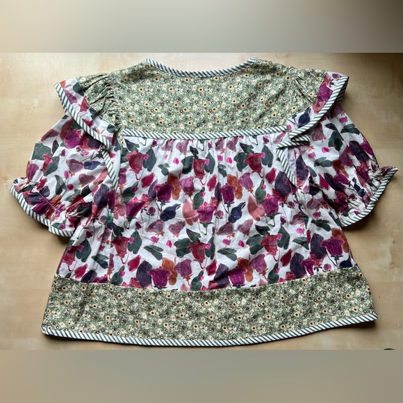 Entro Mixed Floral Stripe Patchwork Ruffle Blouse in Plum/Olive - Picture 5 of 8